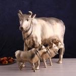 Pure Brass Large Gomatha (Cow) Statue Protecting Her Calves - Symbol of Nurturing Divinity & Motherhood